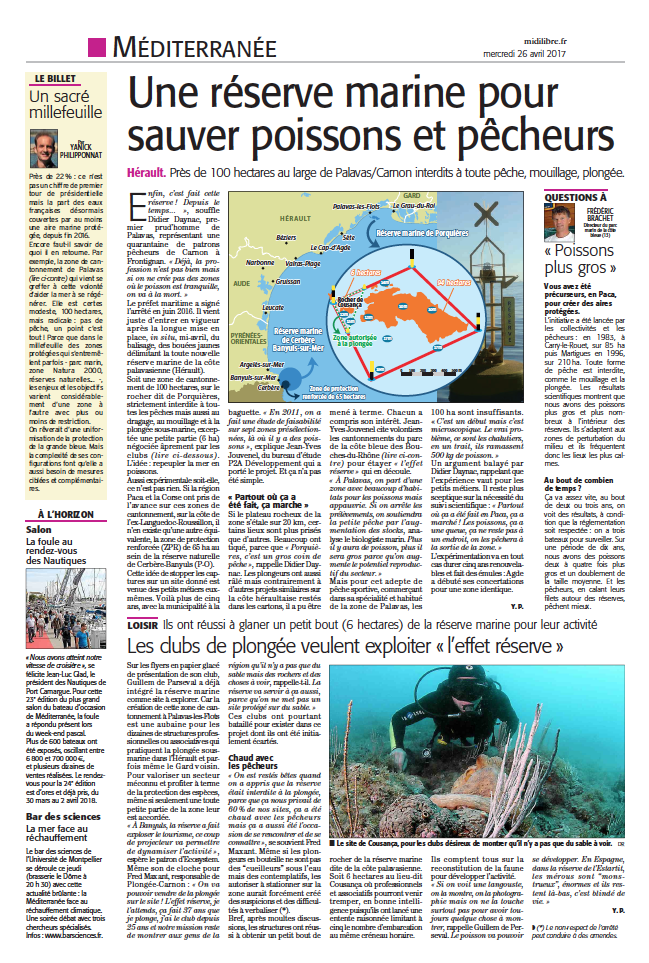Midi Libre — Mercredi 26 avril 2017 Une réserve marine pour sauver poissons et pêcheurs — Midi Libre, Mercredi 26 avril 2017